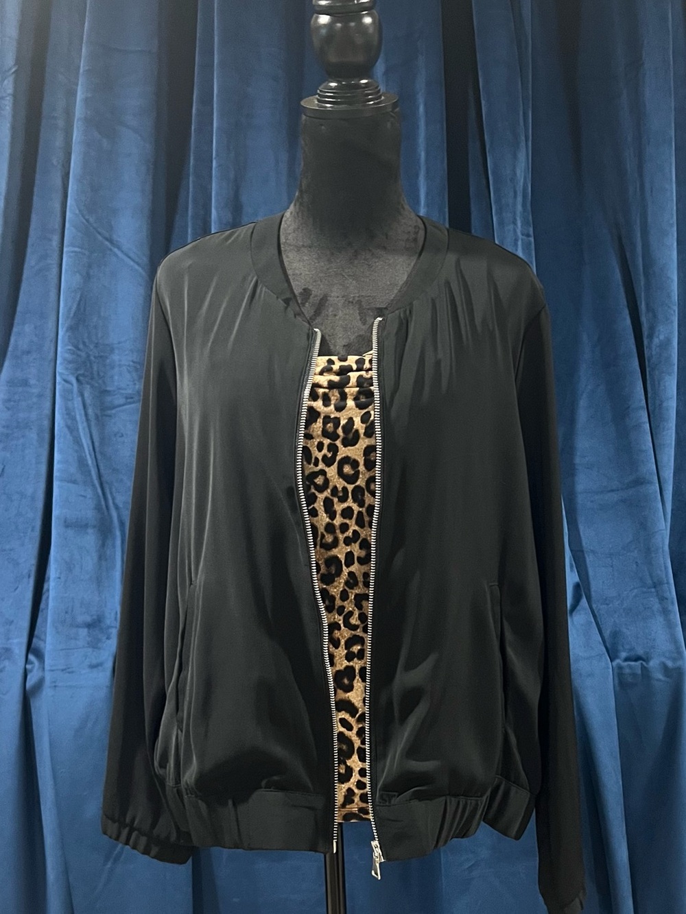 Style & Co. Black Bomber Jacket with Leopard-Print Trim